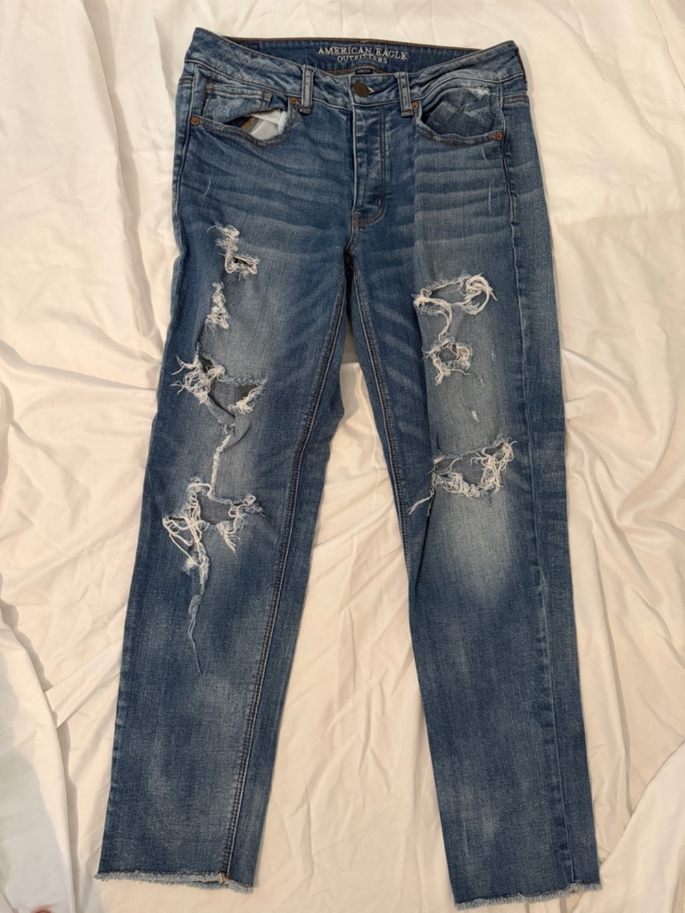 American Eagle Distressed Slim Straight Jeans - Medium Wash Blue